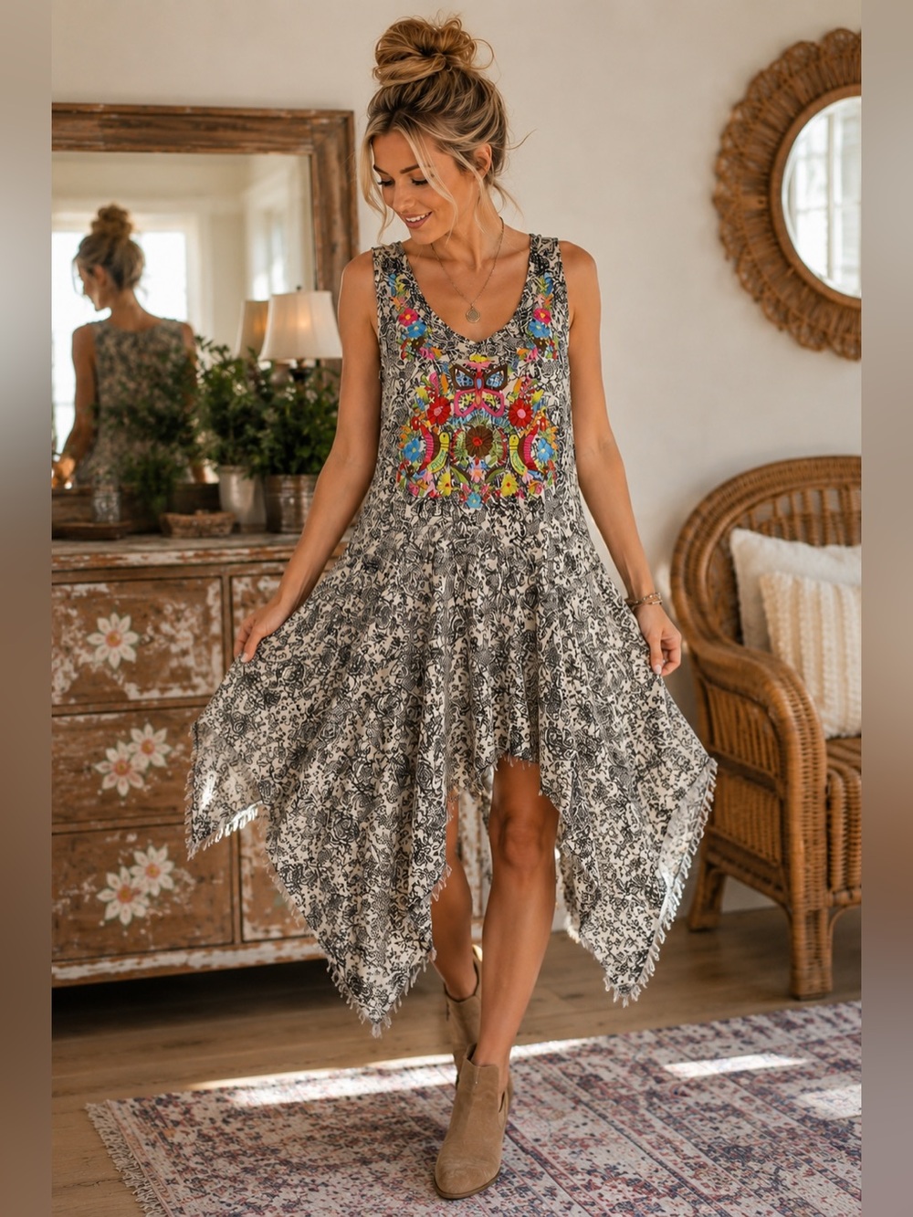 ivy jane Black & White Asymmetrical Embroidered Boho Tank Dress